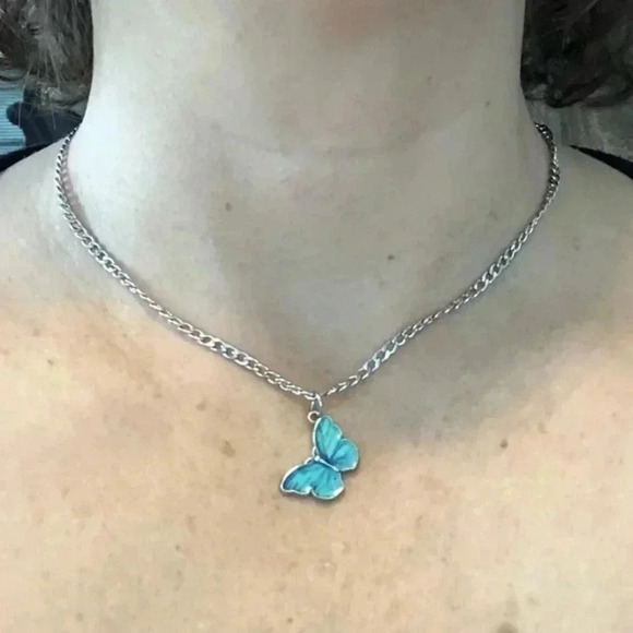 Blue Enamel Silver Butterfly Prairie Cottagecore Necklace NWT - Picture 1 of 4